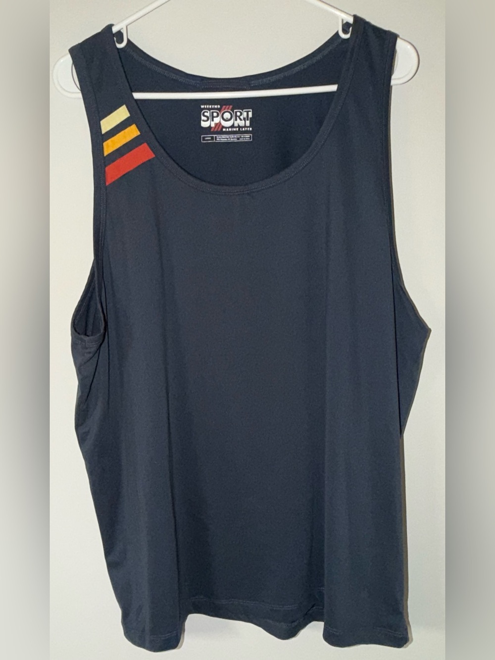Marine Layer Weekend Sport Tank Top Men's Large Navy Blue Retro Stripe Gym Run